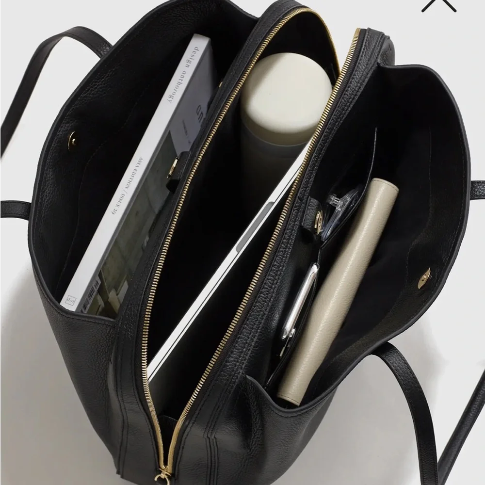 NWOT QUINCE Italian Black Leather Triple Compartment Work Bag - Picture 7 of 13